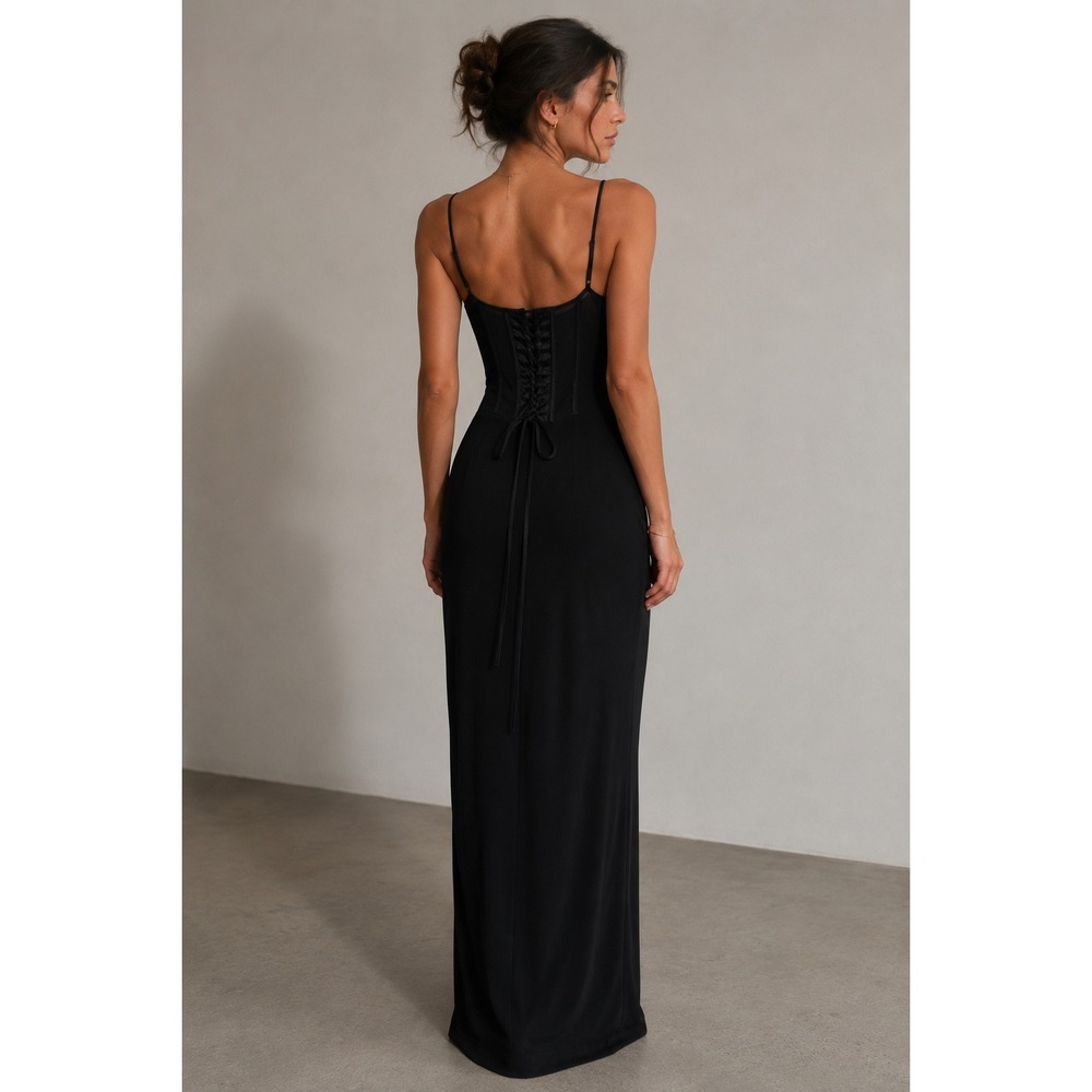 Vintage Scott McClintock Black Maxi Dress Corset Lace Up Back Goth Formal Gown